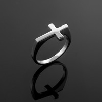 Solid White Gold Flat Top Sideways Cross Ring