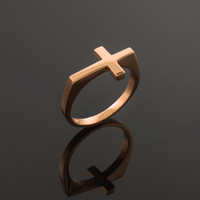 Solid Rose Gold Flat Top Sideways Cross Ring