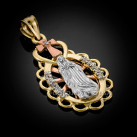 Multi-tone Gold Virgin Mary Guadalupe CZ Pendant Necklace