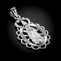 White Gold Virgin Mary Guadalupe CZ Pendant Necklace
