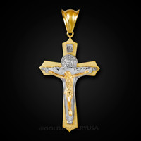 Two-Tone Yellow Gold Holy Trinity Crucifix CZ Cross Pendant