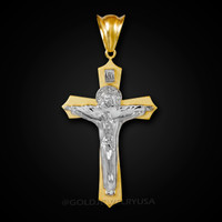 Two-Tone Gold Holy Trinity CZ Crucifix Cross Pendant