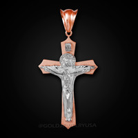 Rose Gold Two-Tone Holy Trinity Crucifix Cross CZ Pendant
