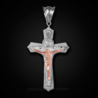 Two-Tone White Gold Holy Trinity Crucifix Cross CZ Pendant