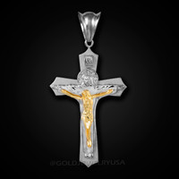 White Gold Two-Tone Holy Trinity Crucifix Cross CZ Pendant