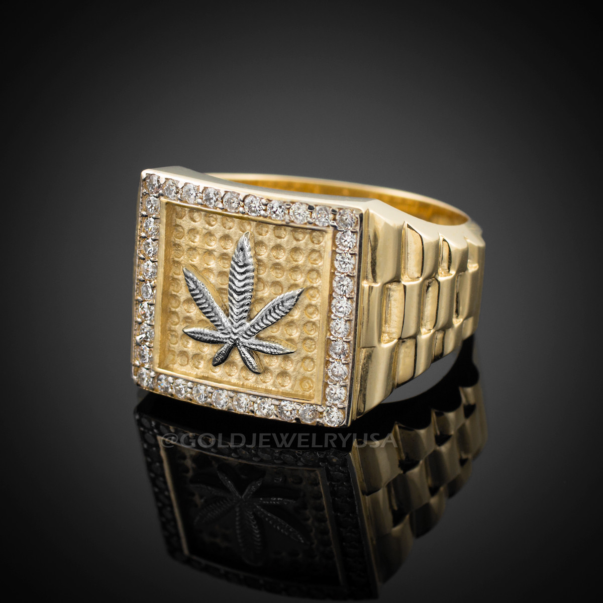 Gold Marijuana Weed Square CZ Mens Hip-Hop Ring