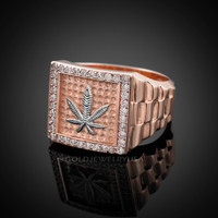 White Gold Marijuana Weed Square CZ Mens Hip-Hop Ring