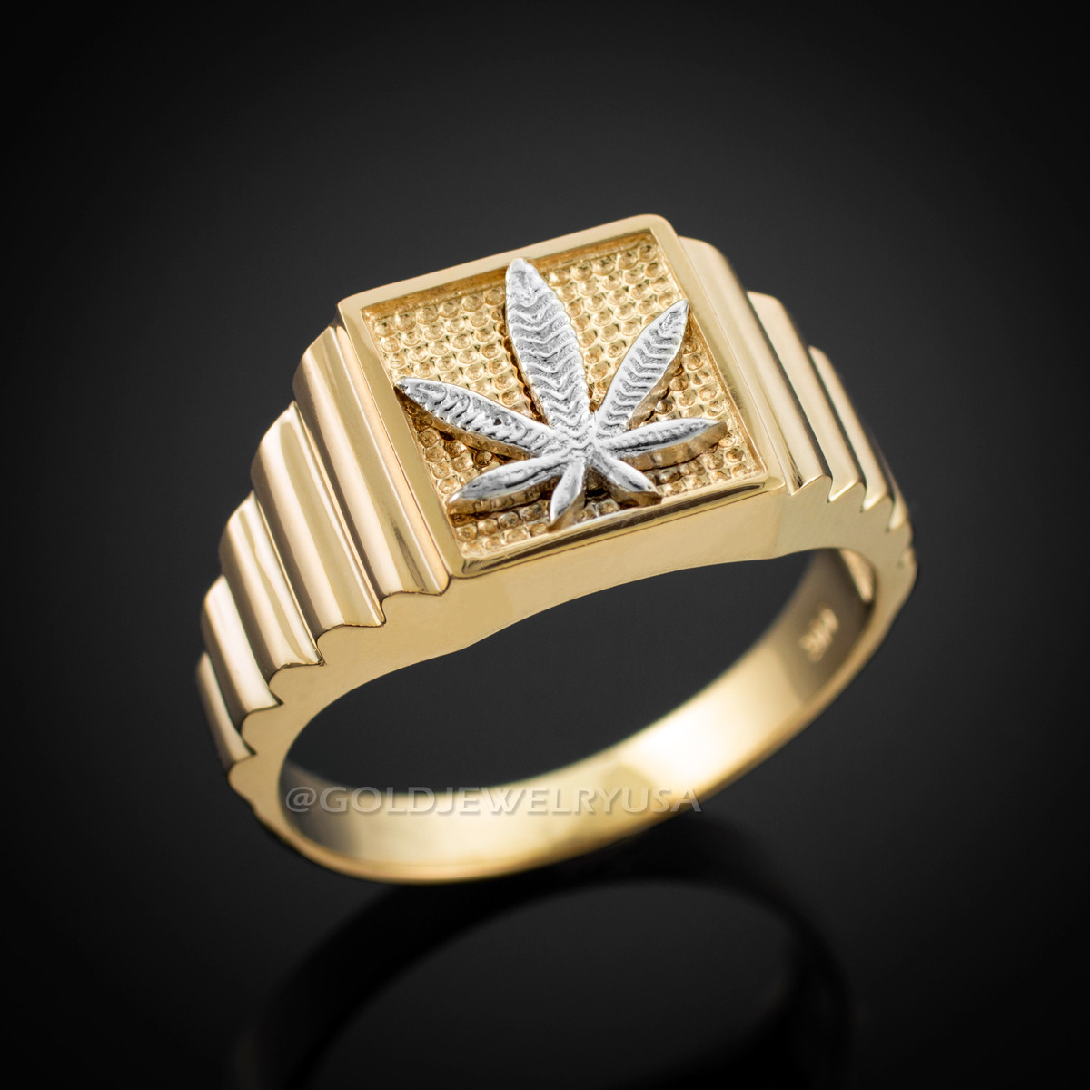 Gold Marijuana Weed Leafs Square Mens Ring