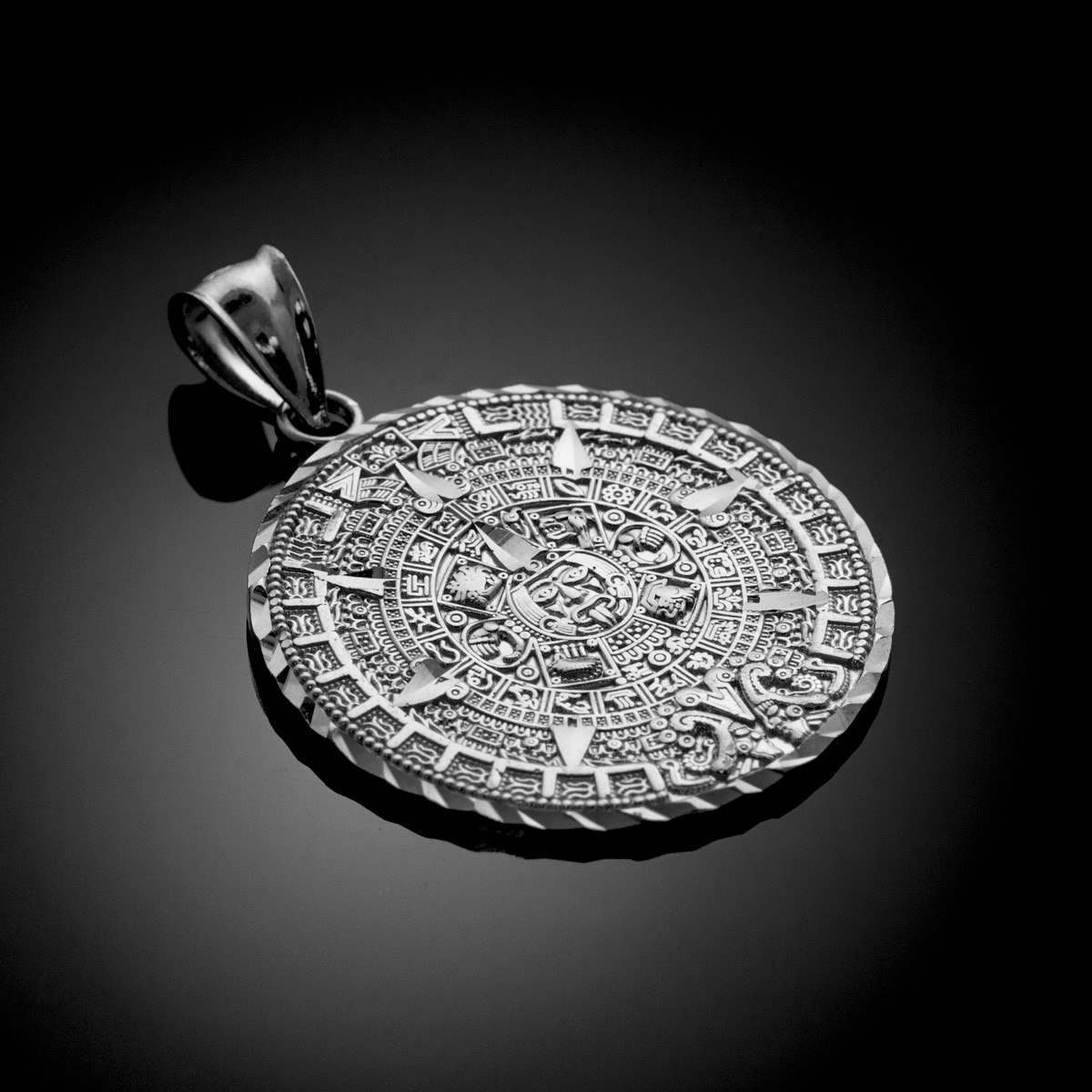 White Gold Aztec Mayan Sun Calendar Necklace