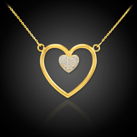 14K Polished Gold Open Heart Diamond Pave Heart Enclosure Necklace