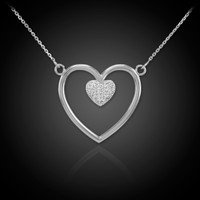 14K White Gold Open Heart Diamond Pave Heart Enclosure Necklace