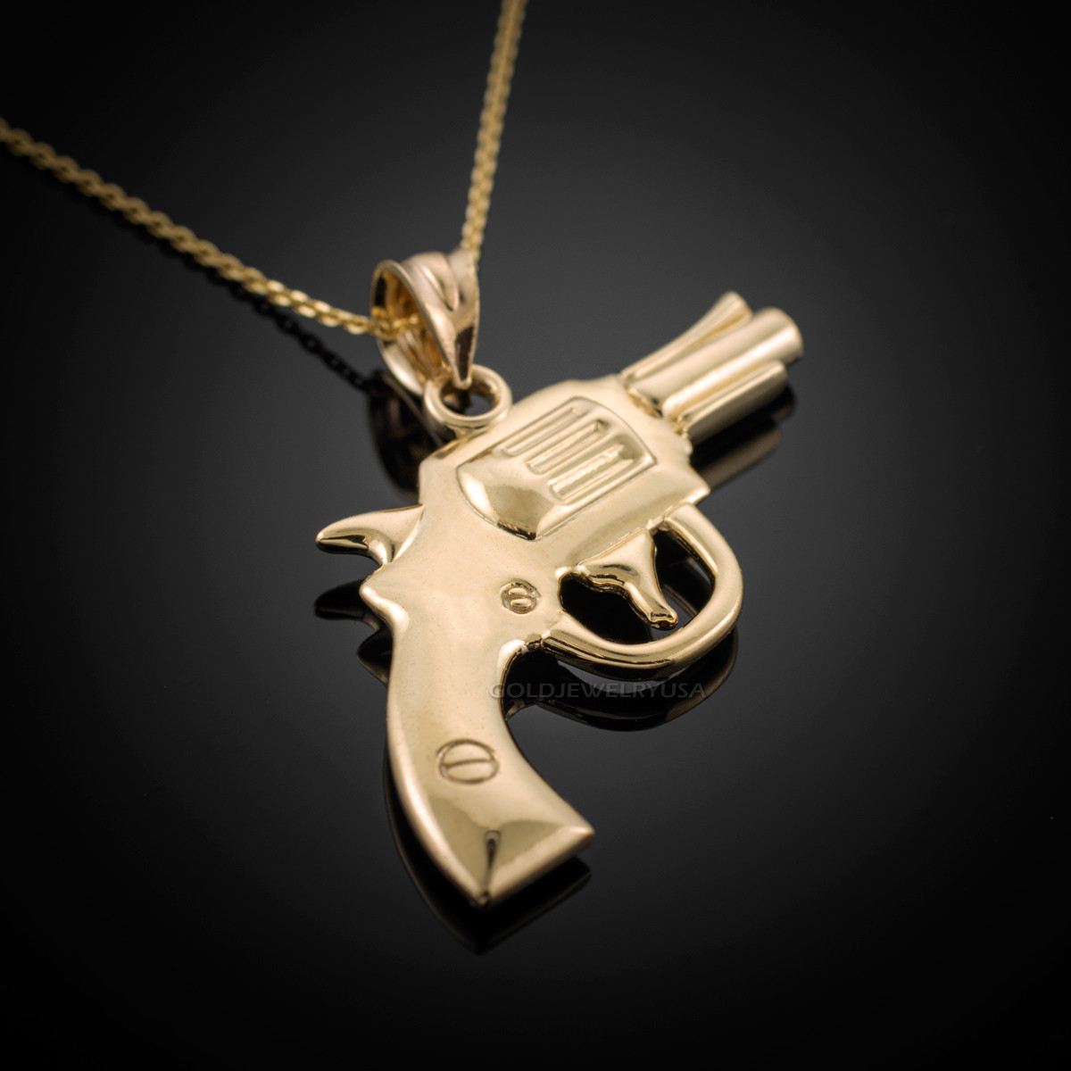 Solid Gold Revolver Pistol Gun Pendant Necklace