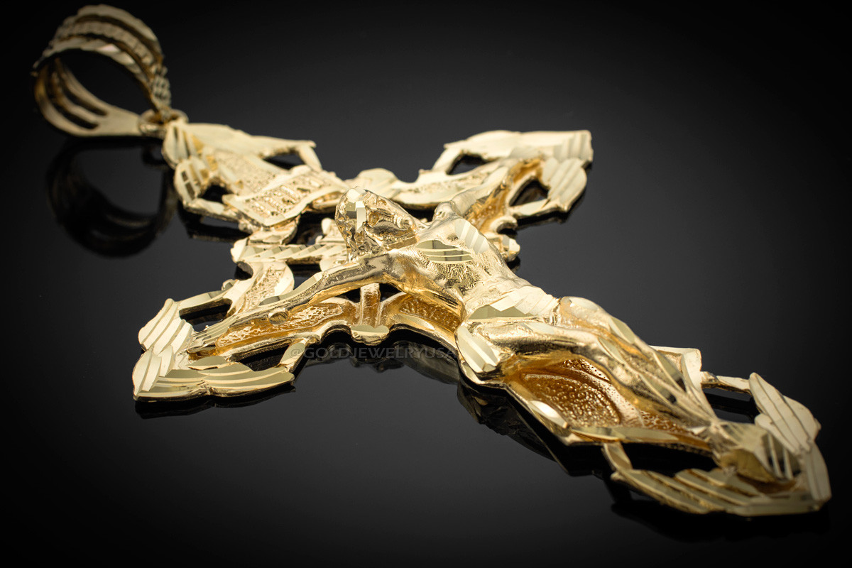 Solid Gold XL Crucifix Hip-Hop Mens Cross Pendant