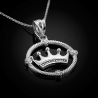 White Gold Quinceanera Crown Diamond Pendant Necklace