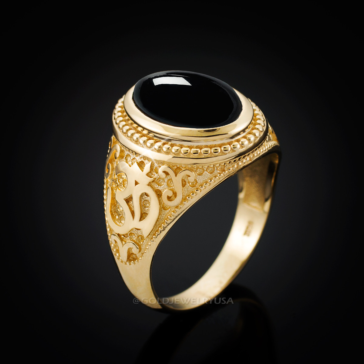Gold Om Black Onyx Oval Gemstone Mens Ring