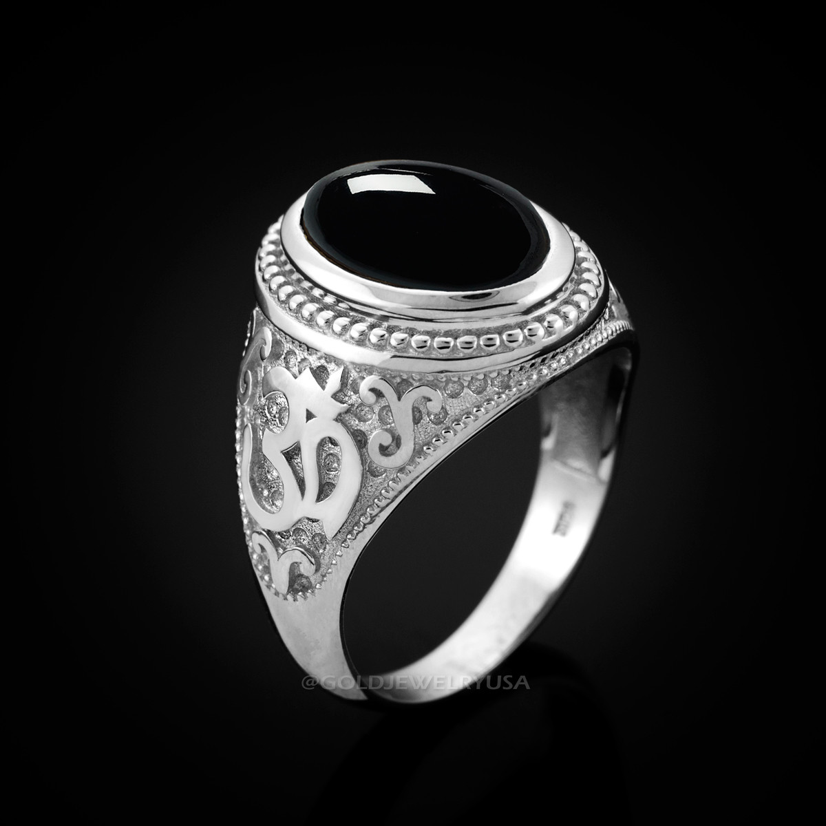 White Gold Om Black Onyx Oval Gemstone Mens Ring