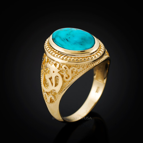Gold Om Ring.
Men's Gold Turquoise Ring.