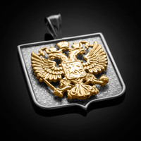 Two-Tone White Gold Russian Federation Coat of Arms Badge Pendant