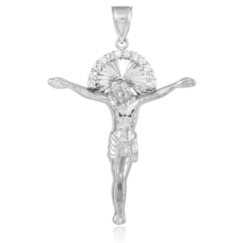 White Gold Diamod Cut CZ Crucifix Pendant