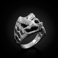 White Gold American Eagle Black Onyx Mens Open Nugget Ring