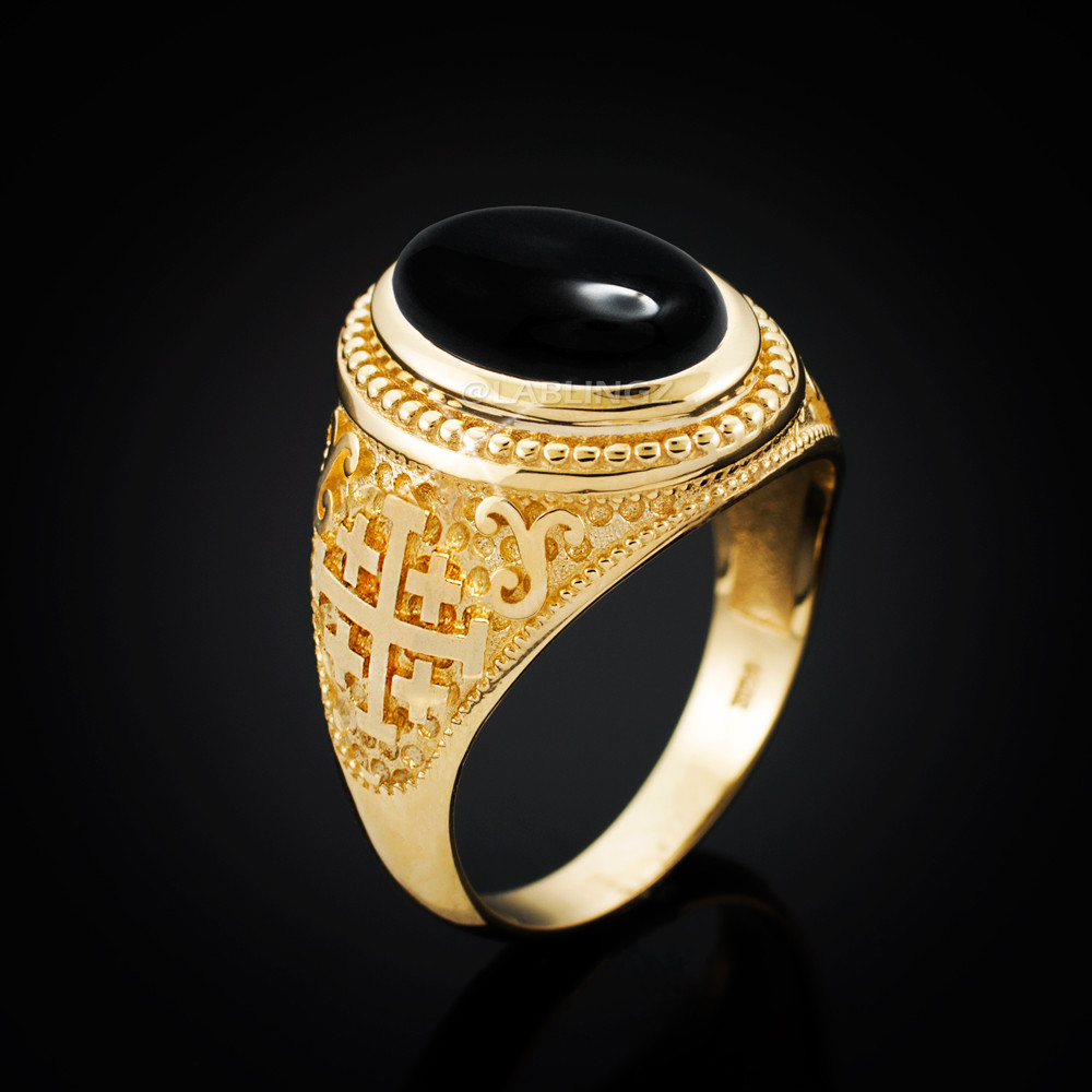 Yellow Gold Jerusalem Cross Black Onyx Gemstone Statement Ring