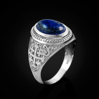 White Gold Jerusalem Cross Lapis Lazuli Gemstone Statement Ring