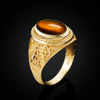 Gold Masonic Tiger Eye Gemstone Statement Ring
