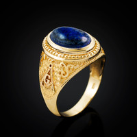 Yellow Gold Masonic Lapis Lazuli Gemstone Statement Ring