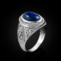 White Gold Masonic Lapis Lazuli Gemstone Statement Ring