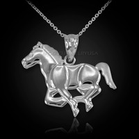 White Gold Running Mustang Stallion Horse Equestrian Pendant Necklace