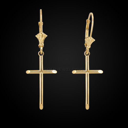 14k solid tube cross religious earrings