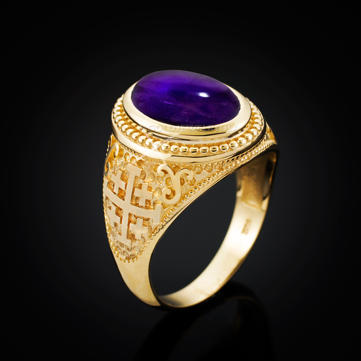 Yellow Gold Jerusalem Cross Purple Amethyst Cabochon Statement Ring