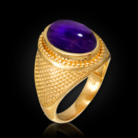 Yellow Gold Textured Band Purple Amethyst Cabochon Statement Ring