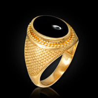 Yellow Gold Textured Band Black Onyx Statement Ring