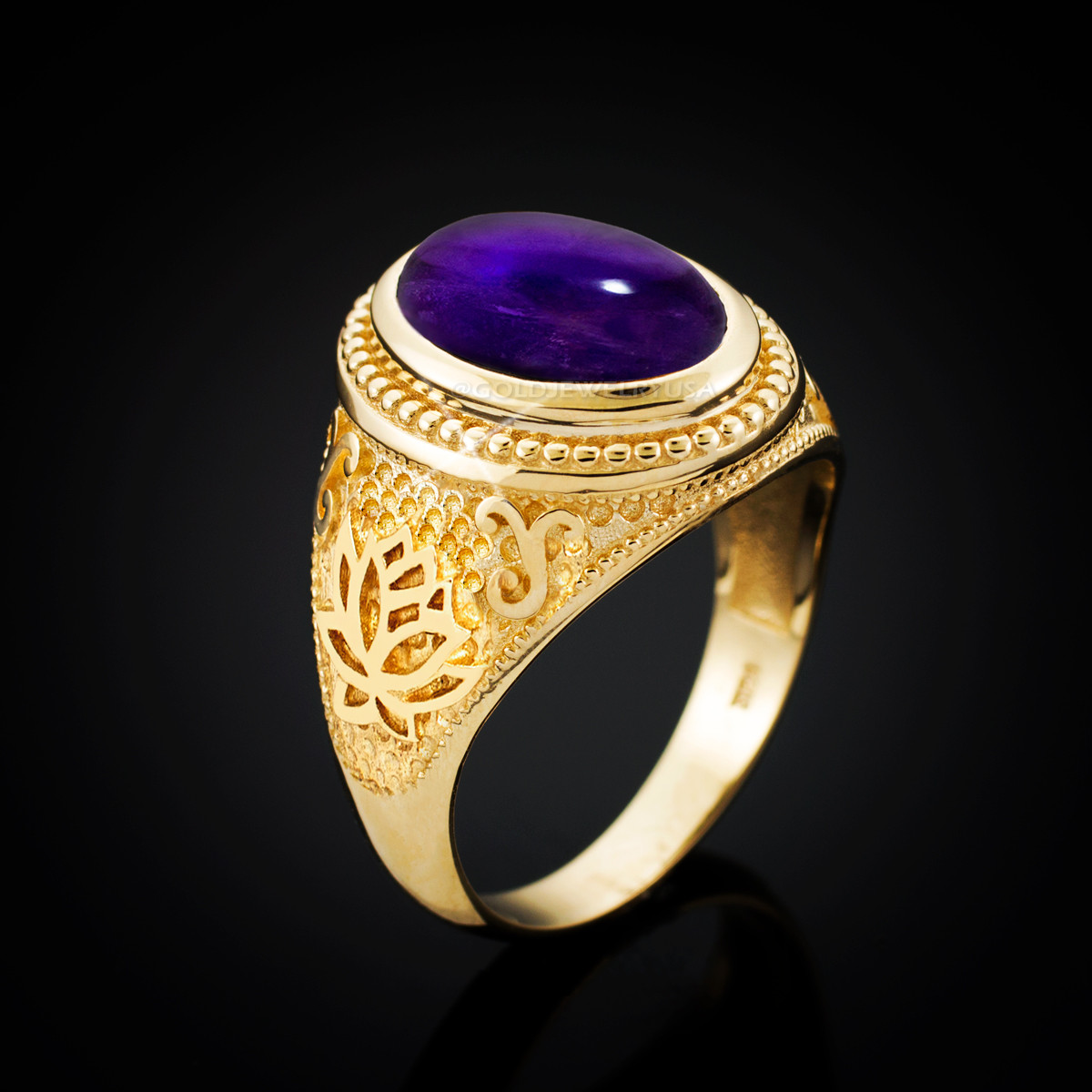 Gold Lotus Yoga Mantra Oval Amethyst Statement Ring