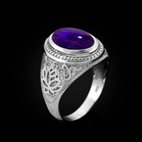 White Gold Lotus Yoga Mantra Oval Amethyst Cabochon Statement Ring