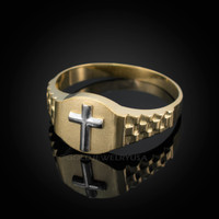 Two-Tone Gold Christian Religious Cross Round Watchband Ring