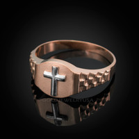 Two-Tone Rose Gold Christian Religious Cross Round Watchband Ring