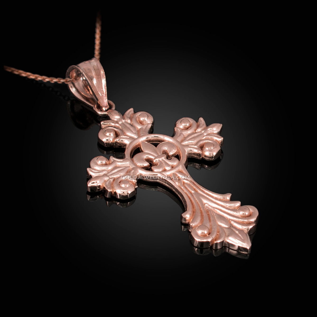 Rose Gold Fleur-De-Lis Cross Pendant Necklace