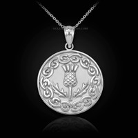 White Gold Scottish Thistle Medallion Pendant Necklace