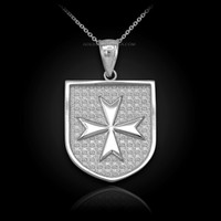 White Gold Knights Hospitaller Maltese Cross Badge Pendant Necklace