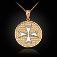 Two-Tone Gold Knights Templar Maltese Cross Medallion Pendant Necklace