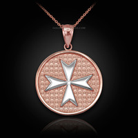Two-Tone Rose Gold Knights Templar Maltese Cross Medal Pendant Necklace