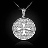 White Gold Knights Templar Maltese Cross Medallion Pendant Necklace