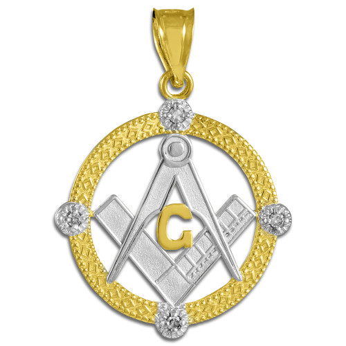 Two-Tone Gold Round Diamond Masonic Pendant