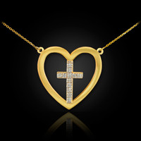 14K Gold Open Heart Diamond Cross Necklace
