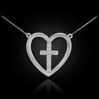 14K White Gold Open Heart Diamond Cross Necklace