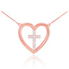 14K Rose Gold Open Heart Diamond Cross Necklace