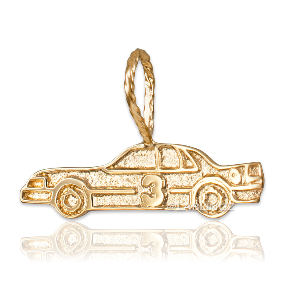 Yellow Gold Textured Racing Car #3 Charm Pendant