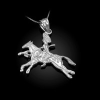 Solid White Gold Indian Chief Horse Rider Pendant Necklace